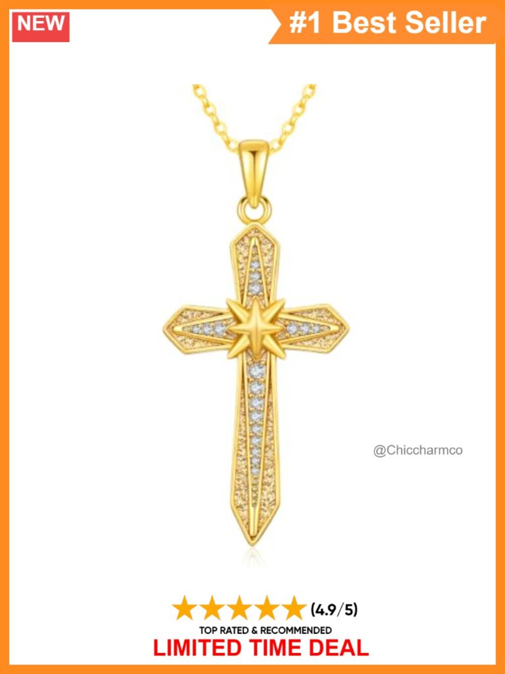 14K Gold Plated Cross Necklace Cubic Zirconia Pendant Christian Jewelry